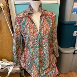 Joan Vass Paisley V-Neck Tunic in Red, Teal & Green